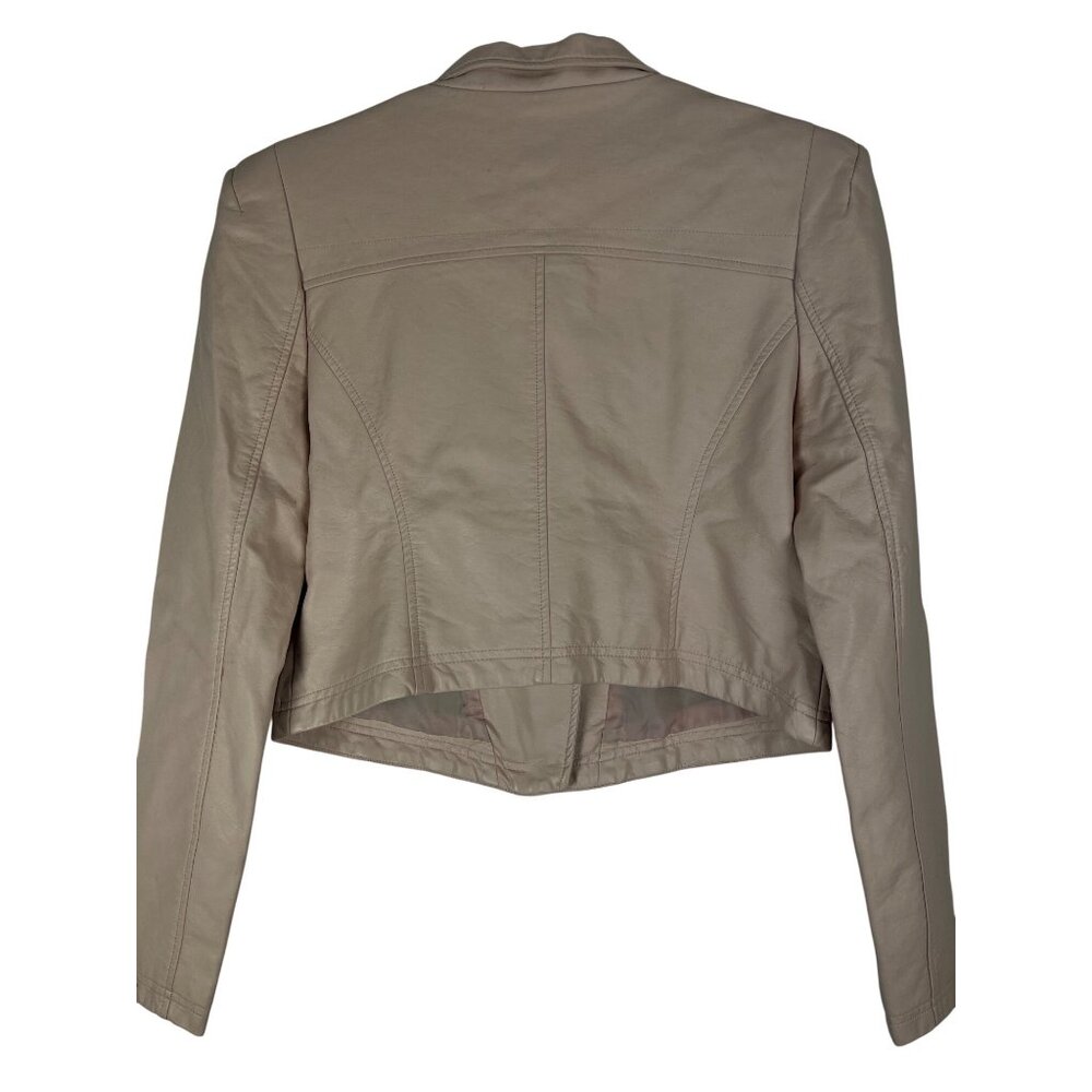 Shinestar Cropped Moto Jacket Faux Leather Beige Blush Zip Shoulder Pads L Y2K - Picture 3 of 16